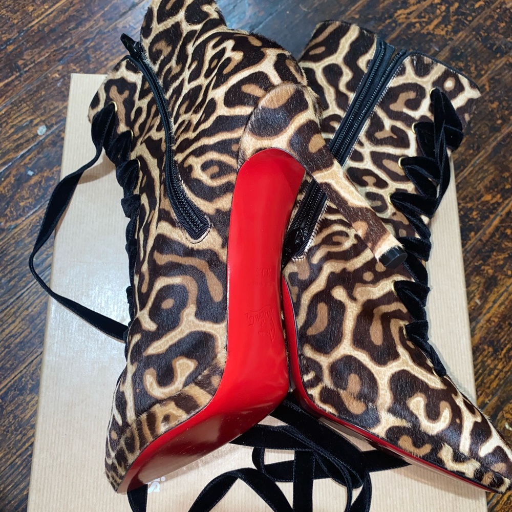 Christian Louboutin Lace Up Leopard-Print Platform Ankle Boots